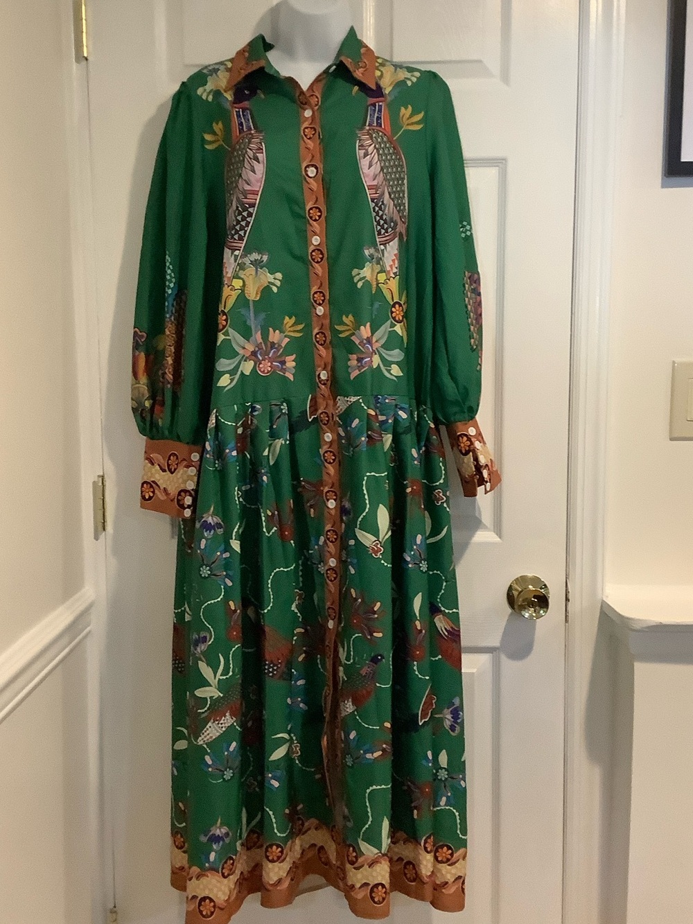Green Floral/Birds Boho Maximalist Funky Artsy Oversized Lagenlook Maxi Dress M